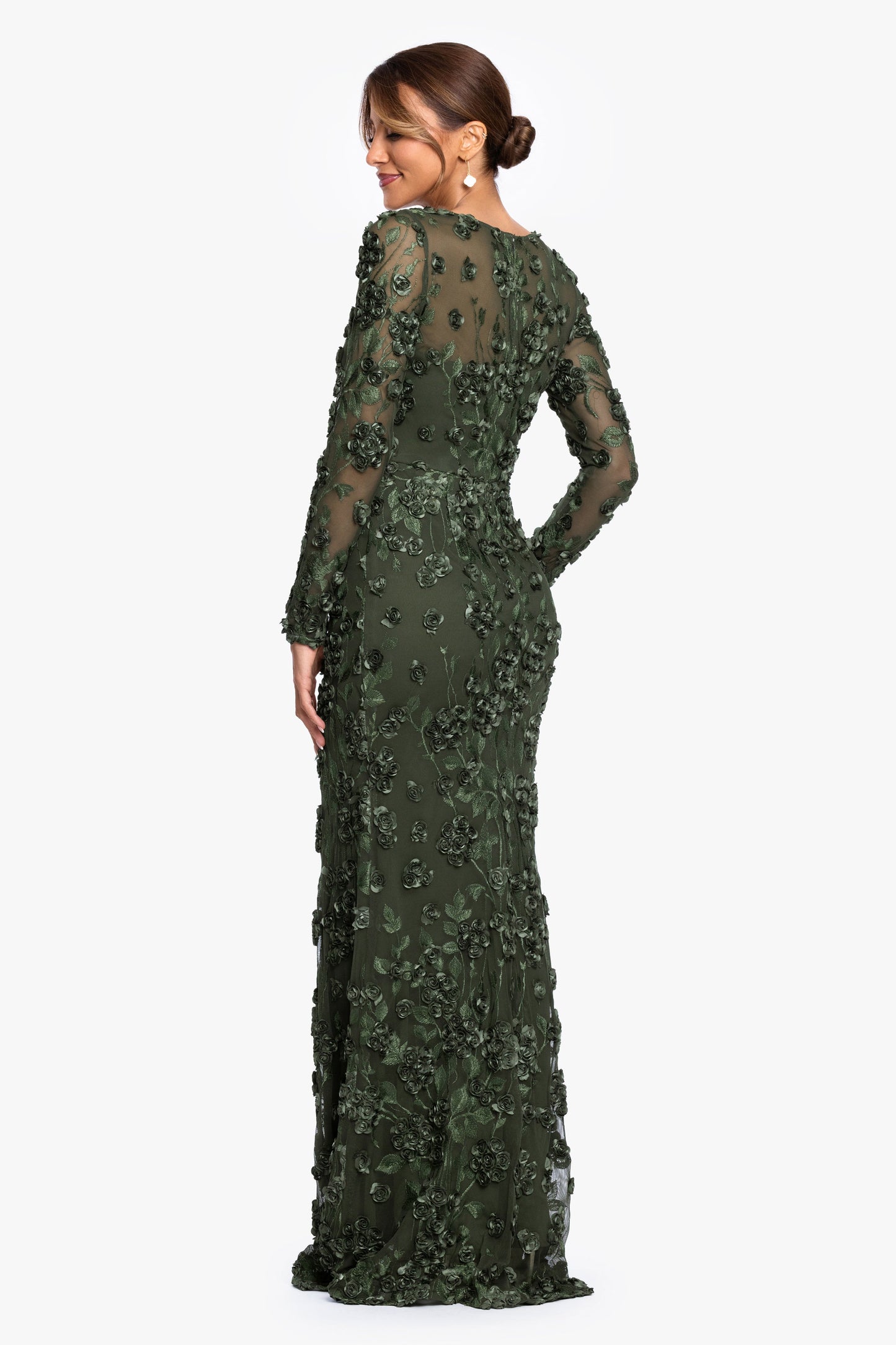 "Ruby" Raised Flowers Long Sleeve Dress Olive XSCAPE