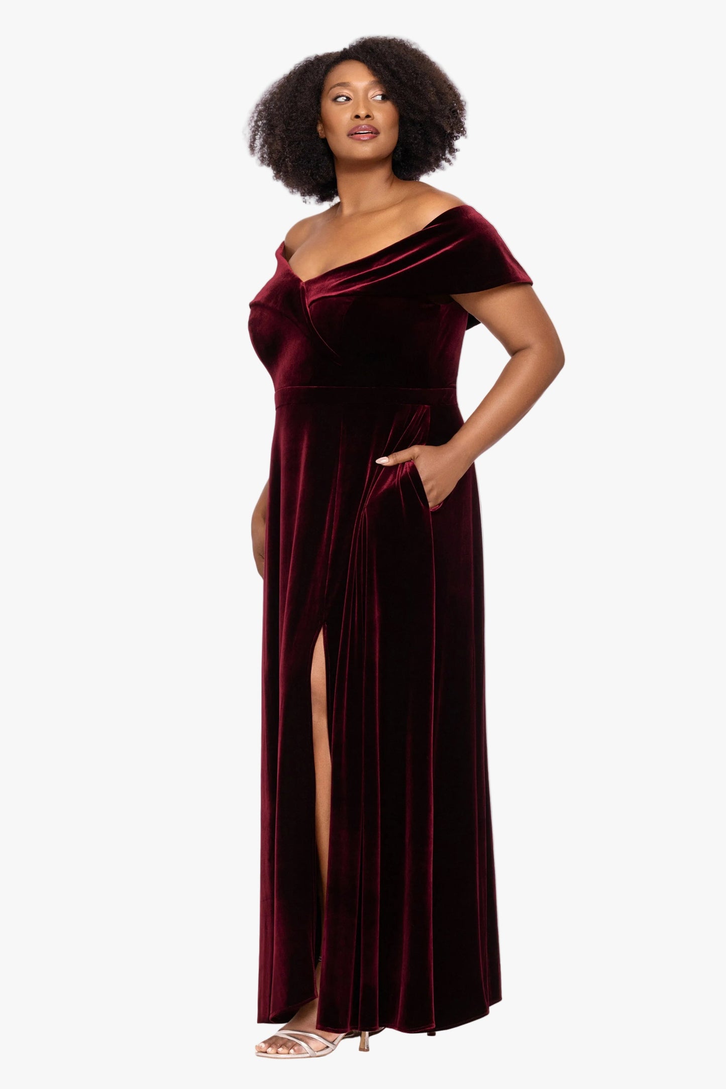 "Candace" Velvet Off Shoulder Gown Burgundy XSCAPE