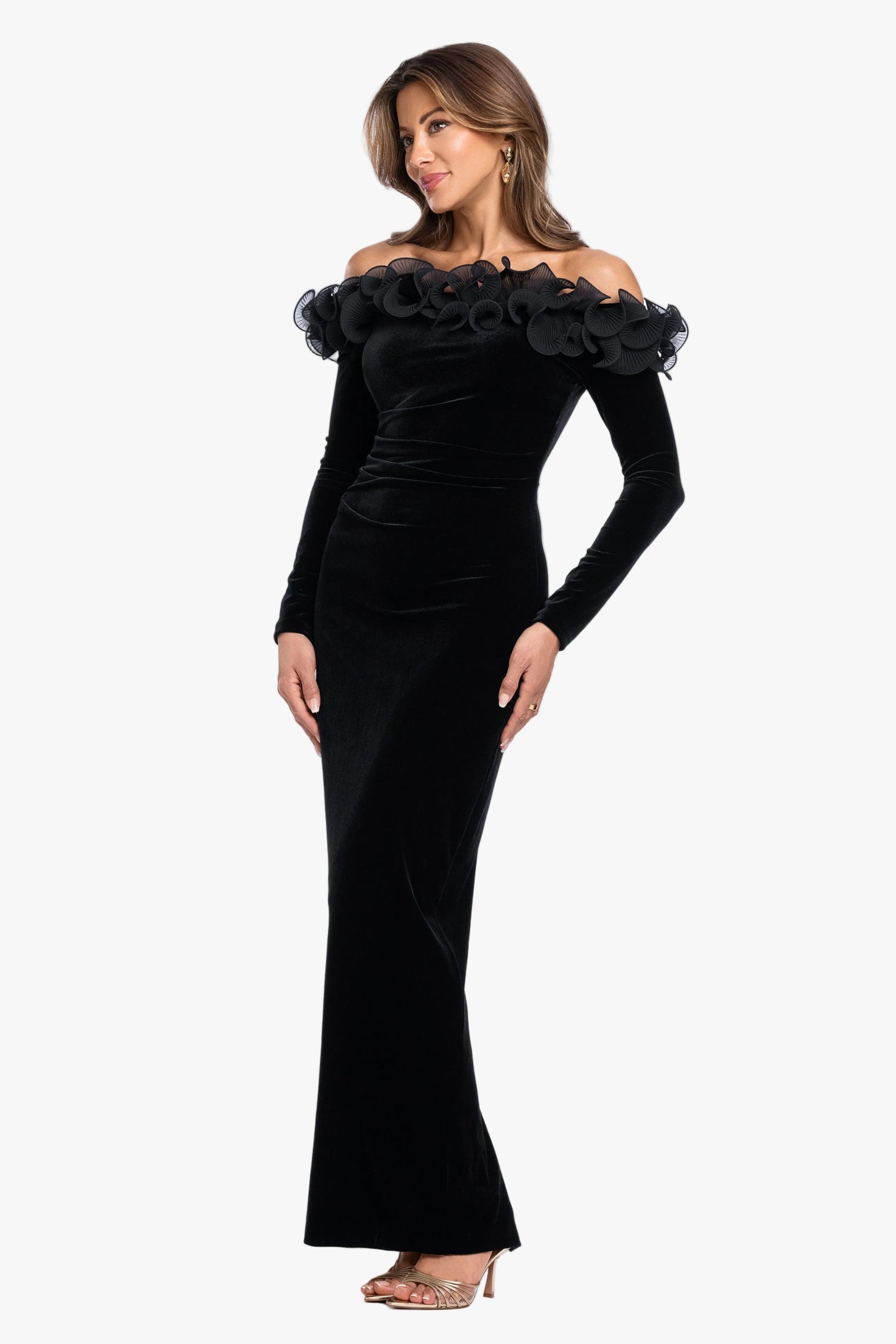 "Brennan" Velvet Long Sleeve Off Shoulder Ruffle Dress Black XSCAPE