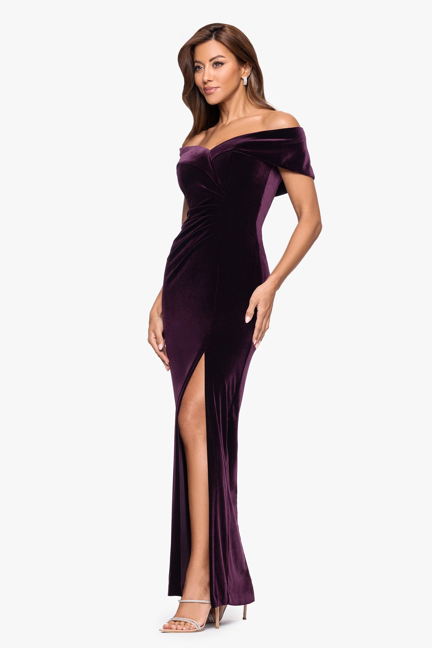 "Charmaine" Velvet Off The Shoulder Gown Maroon XSCAPE