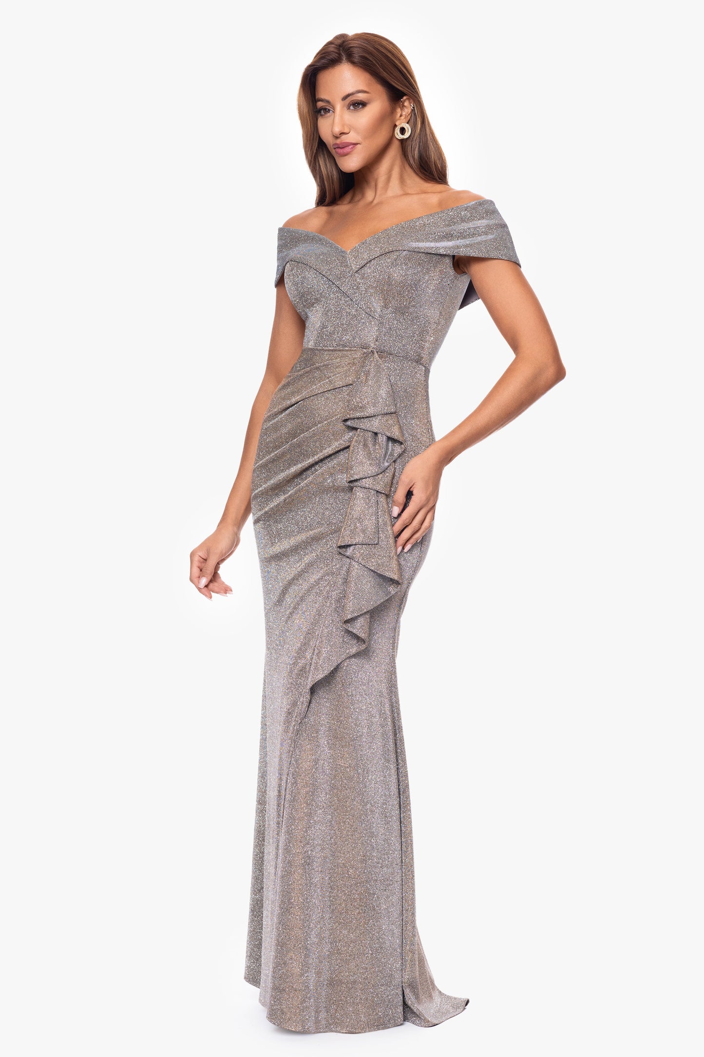 "Raveena" Foil Knit Ruffle Dress Sand XSCAPE