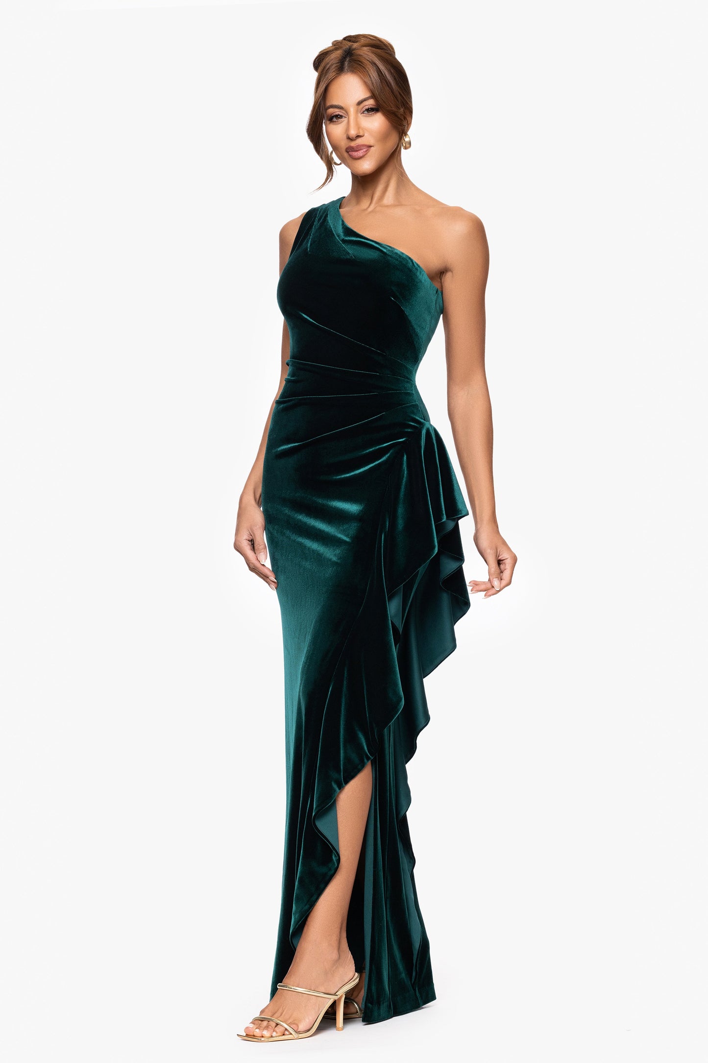 "Gemma" Stretch Velvet One Shoulder Ruffle Dress Hunter XSCAPE