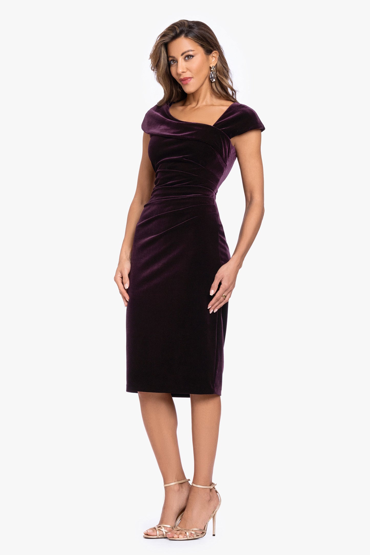 "Alina" Velvet Asymmetrical Cap Sleeve Short Dress Maroon XSCAPE