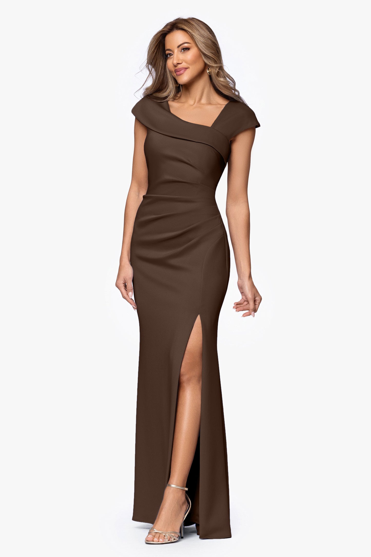 "Lenore" Techno Scuba Asymmetrical Neckline Dress Brown XSCAPE
