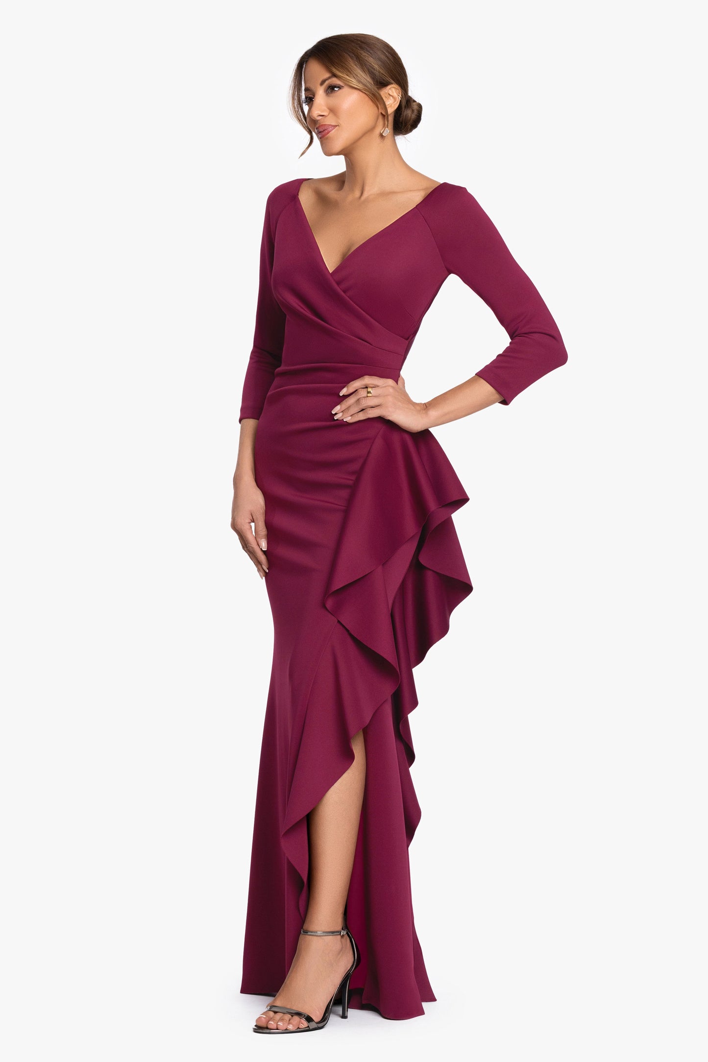 "Clarissa" Techno Scuba Long Sleeve Ruffle Dress Wine XSCAPE