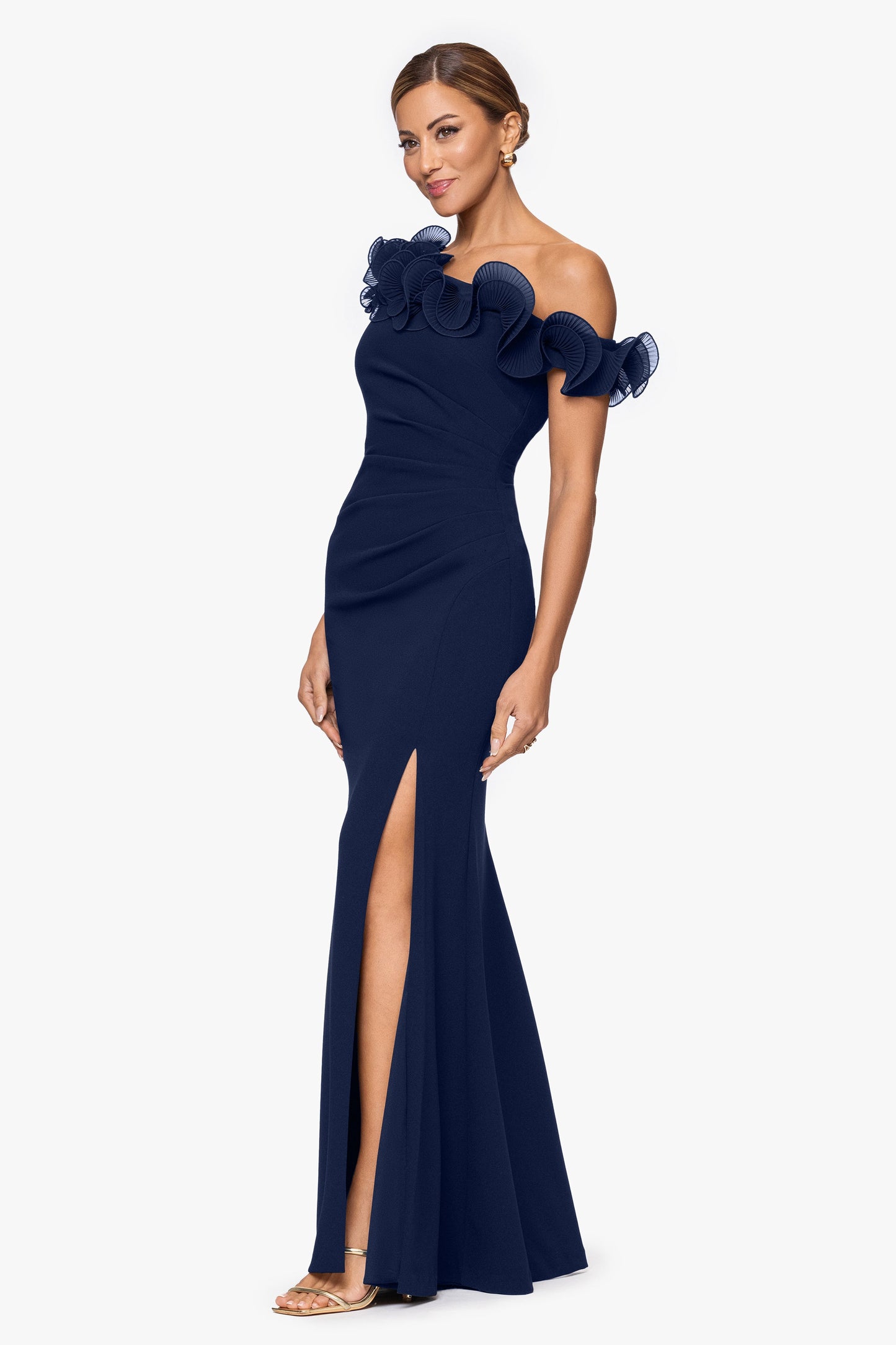 "Delilah" Scuba Crepe Drop Shoulder Chiffon Ruffle Dress Navy XSCAPE