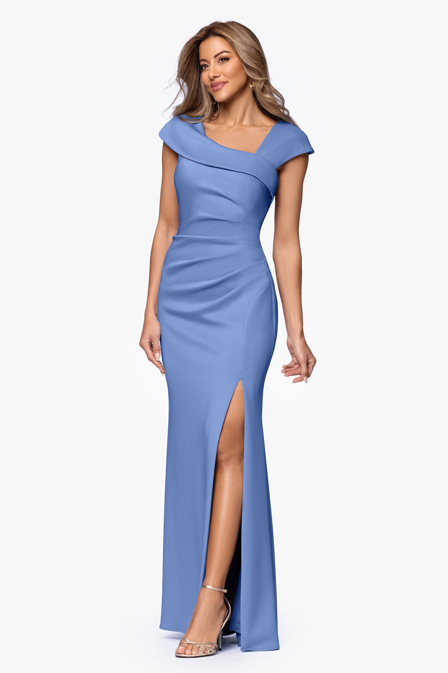 Petite "Lenore" Techno Scuba Asymmetrical Neckline Dress Slate XSCAPE