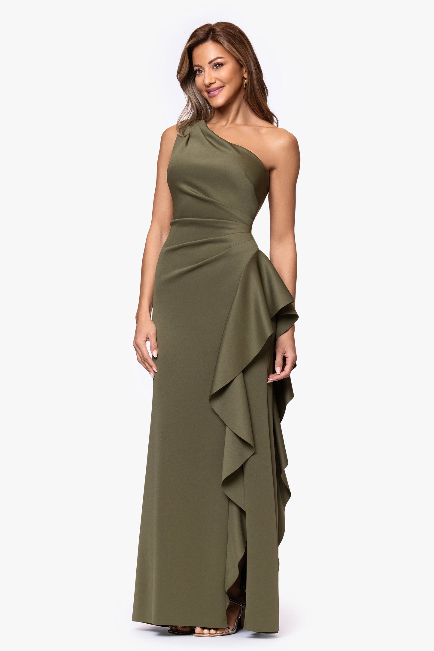 Petite "Flo" Techno Scuba One Shoulder Ruffle Dress Olive XSCAPE