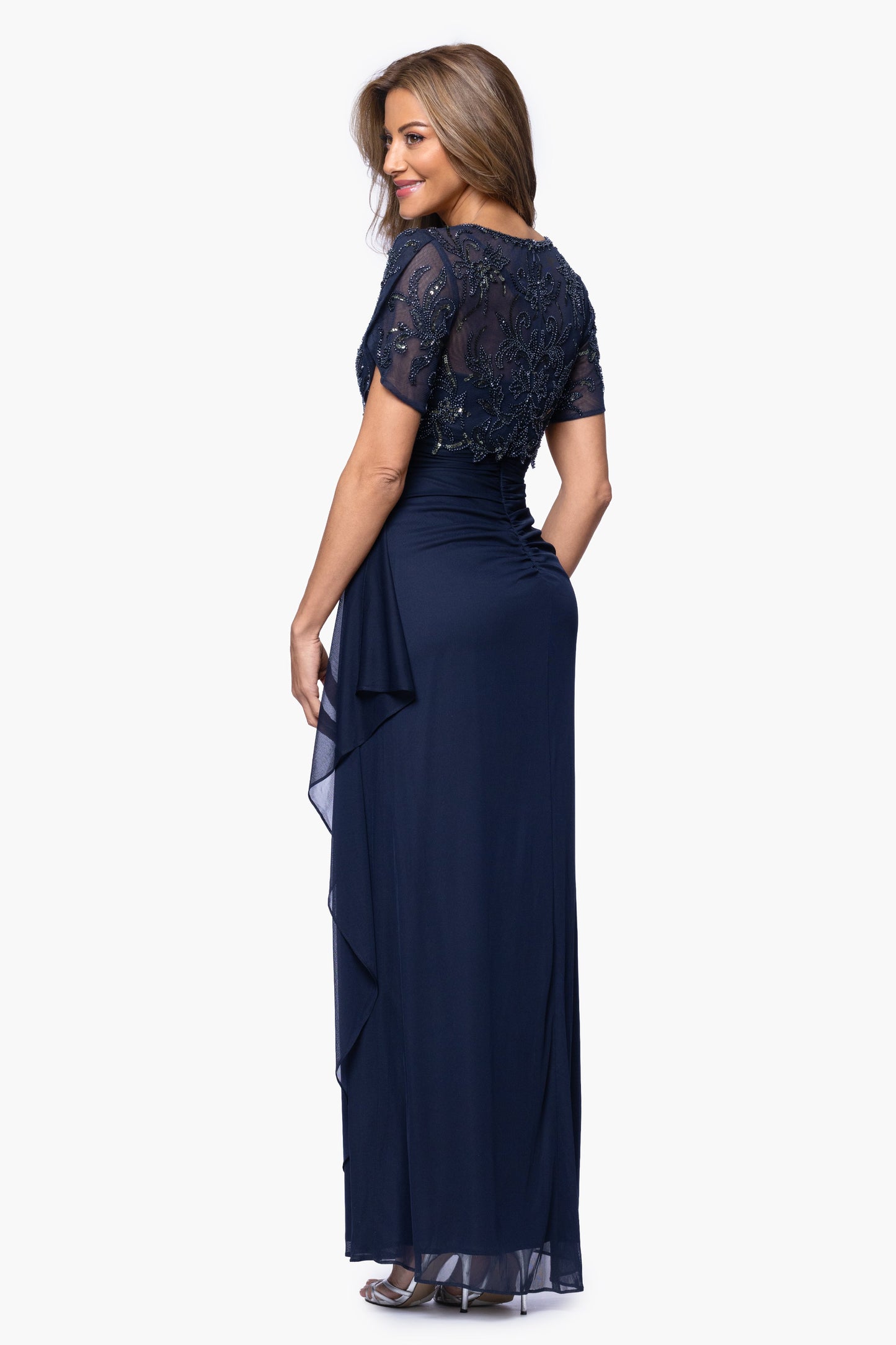 "Giselle" Sheer Matte Jersey Beaded V-Neck Dress Navy XSCAPE