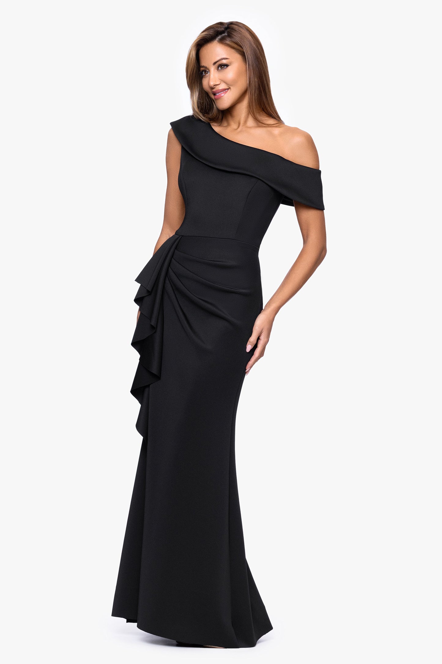 "Valerie" Techno Scuba Off the Shoulder Ruffle Dress Black XSCAPE