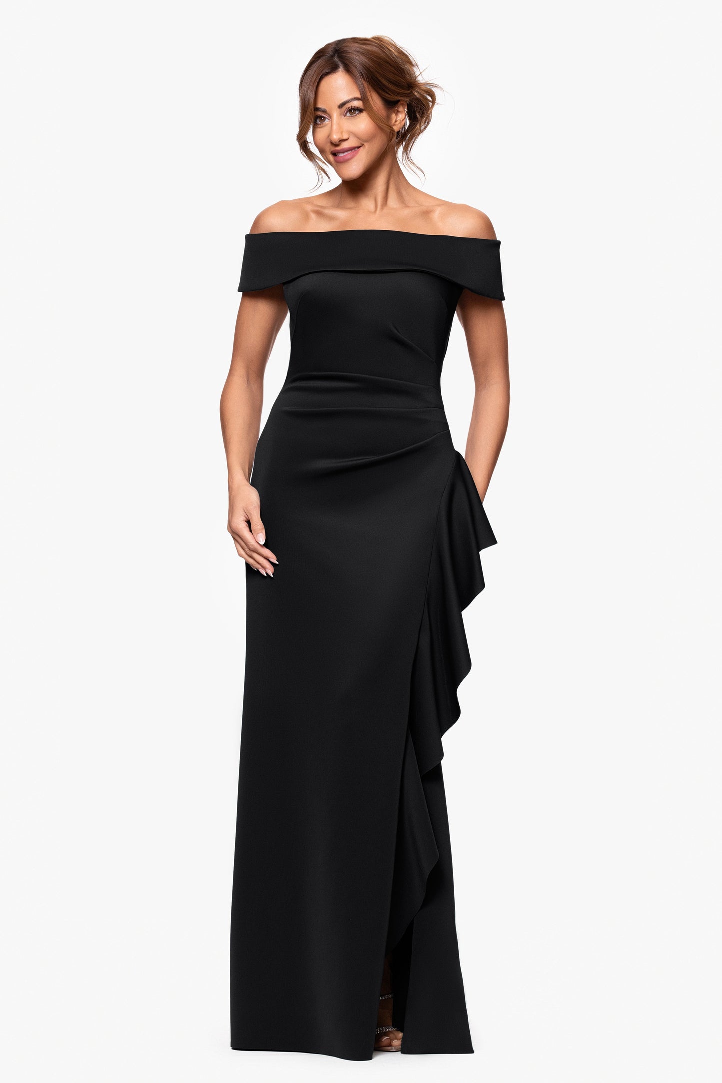 Petite "Dolly" Techno Scuba Off the Shoulder Ruffle Dress Black XSCAPE