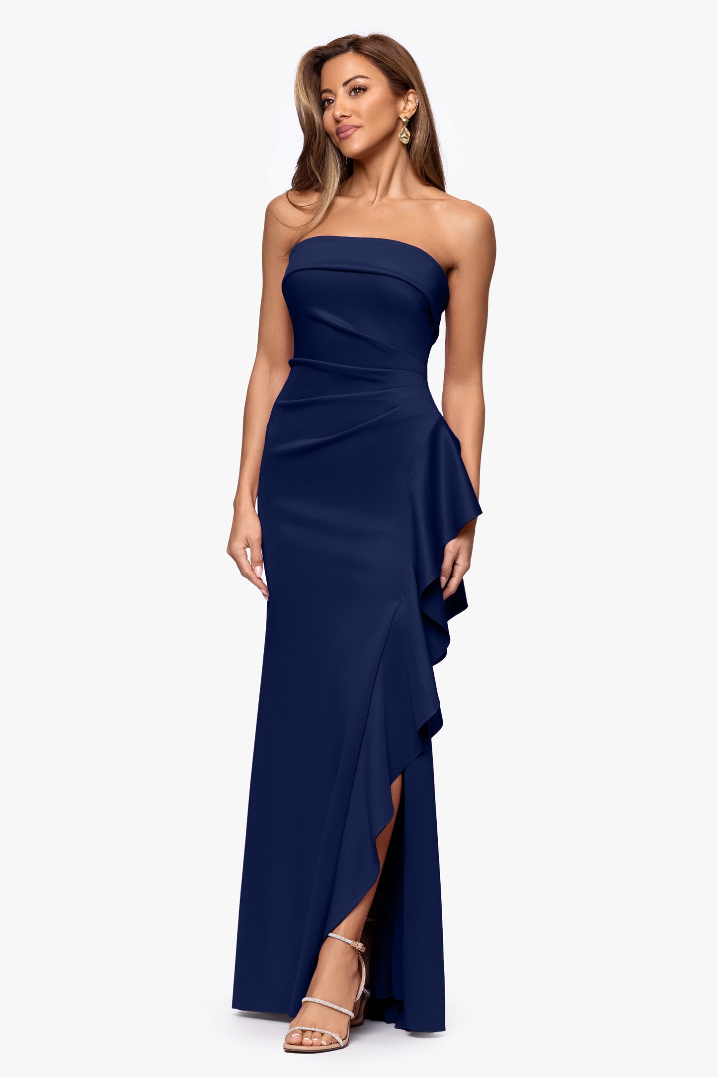 Petite "Jacqueline" Techno Scuba Strapless Ruffle Dress Midnight XSCAPE