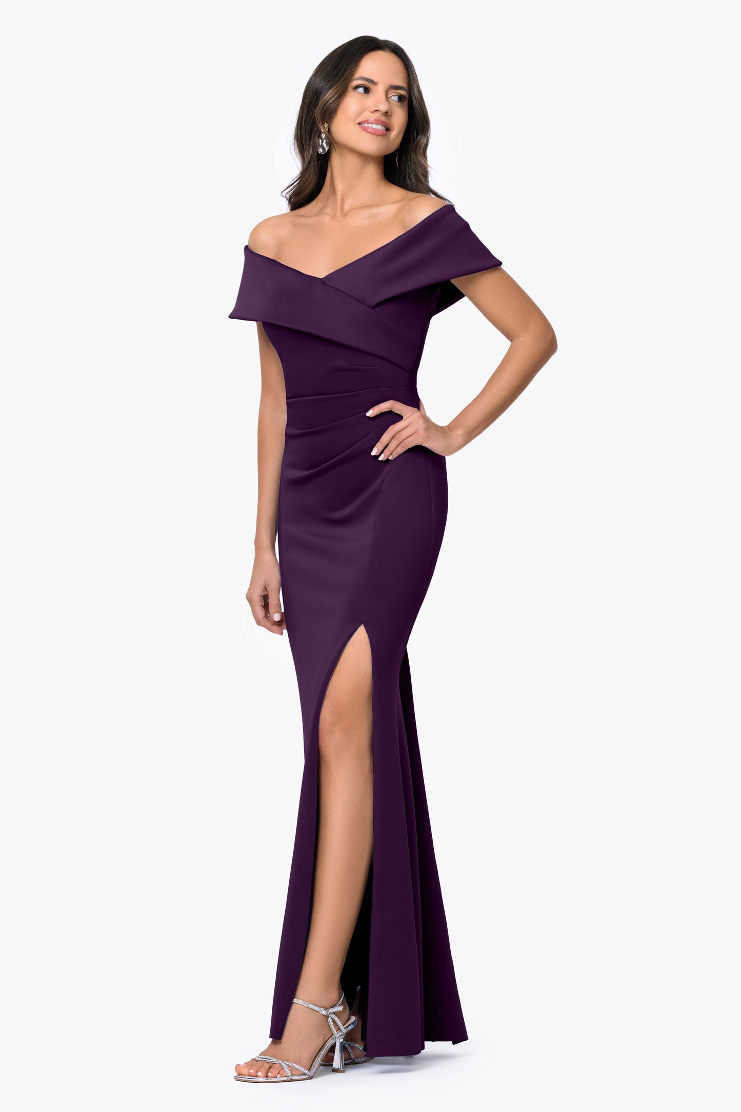 "Faye" Techno Scuba Pleated Dress Plum XSCAPE