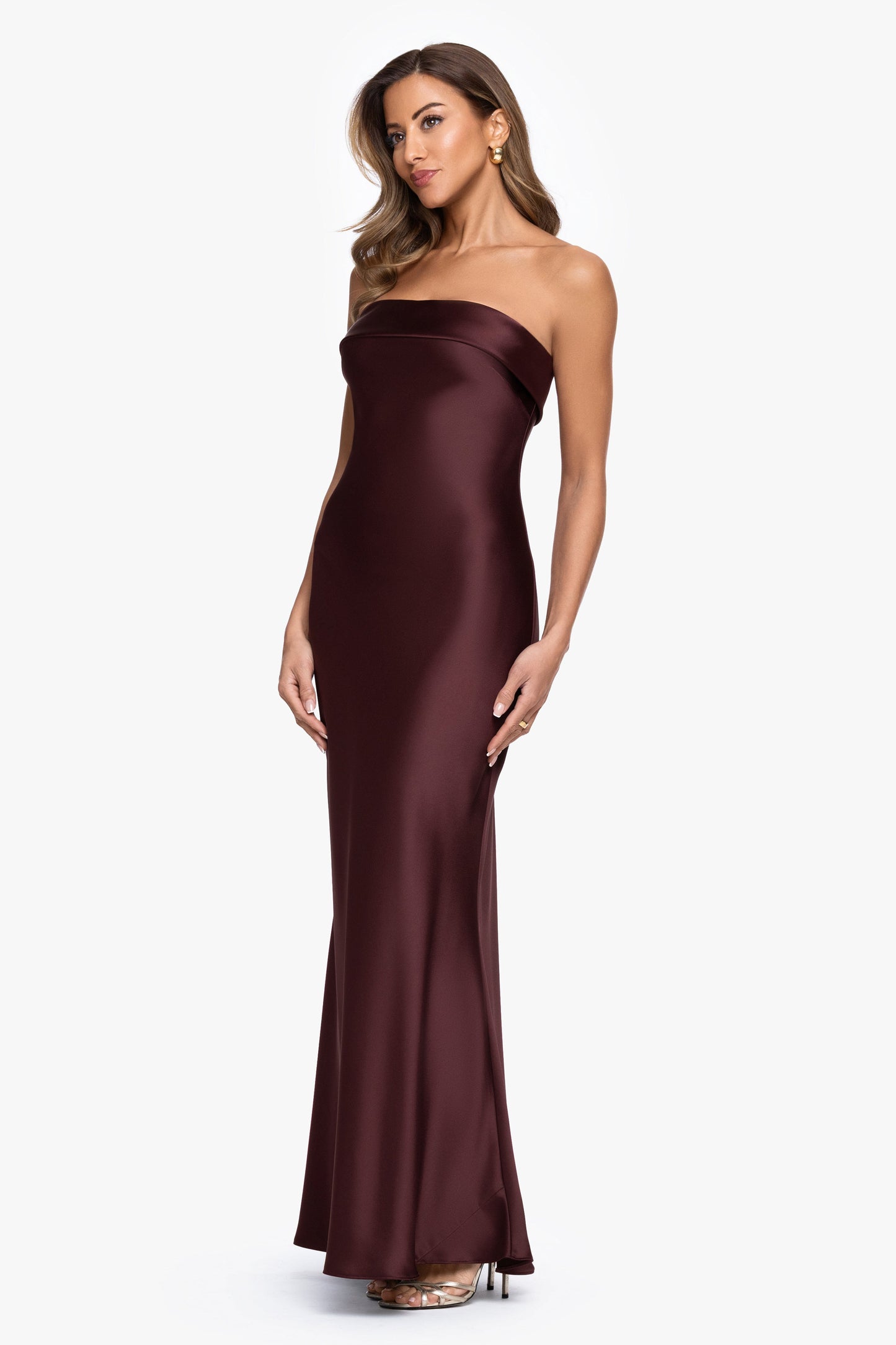 "Reese" Satin Long Strapless Gown Chocolate XSCAPE