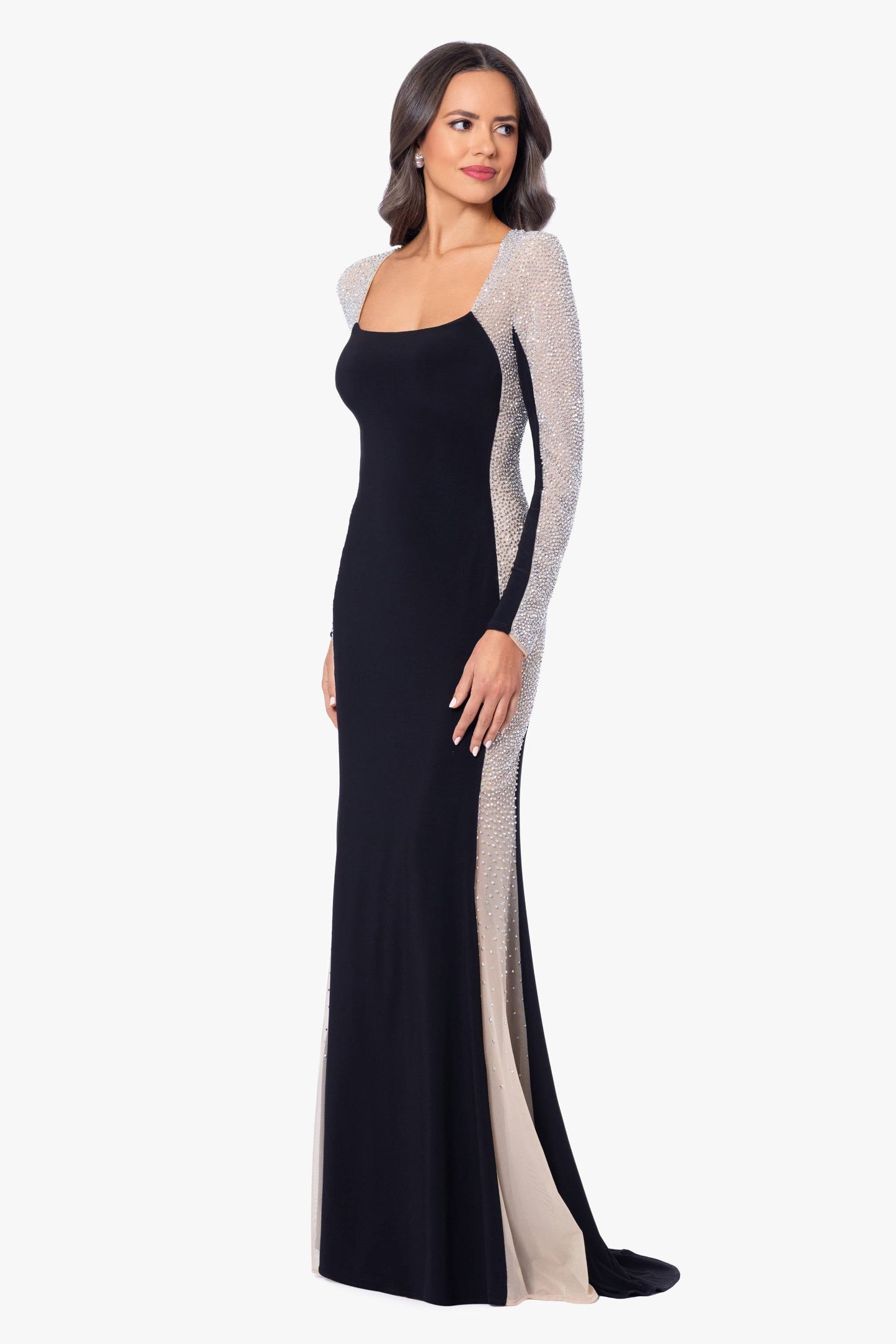 "Jillian" Long Sleeve Caviar Dress Black/Nude/Silver XSCAPE