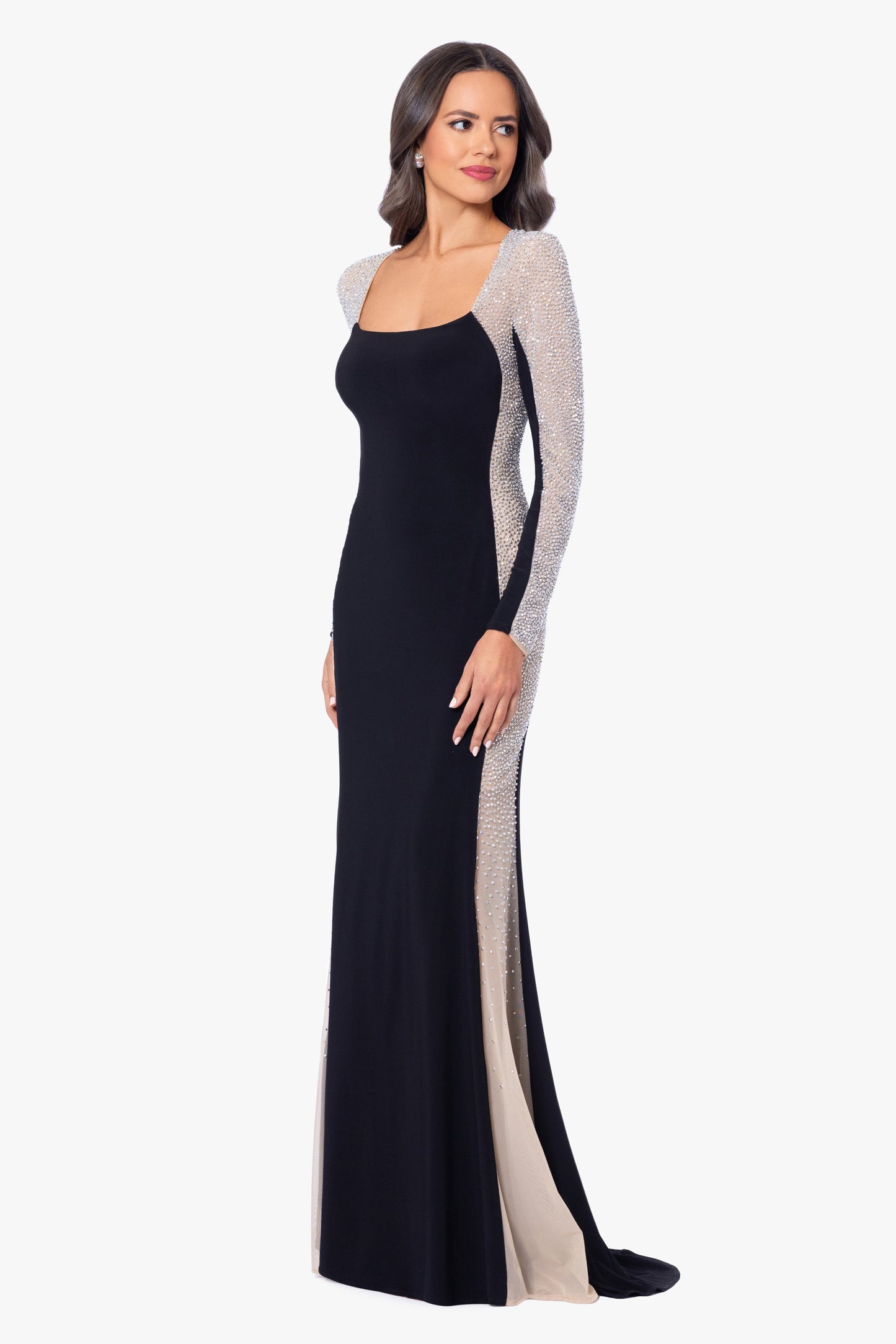 Petite "Jillian" Long Sleeve Caviar Dress Black/Nude/Silver XSCAPE