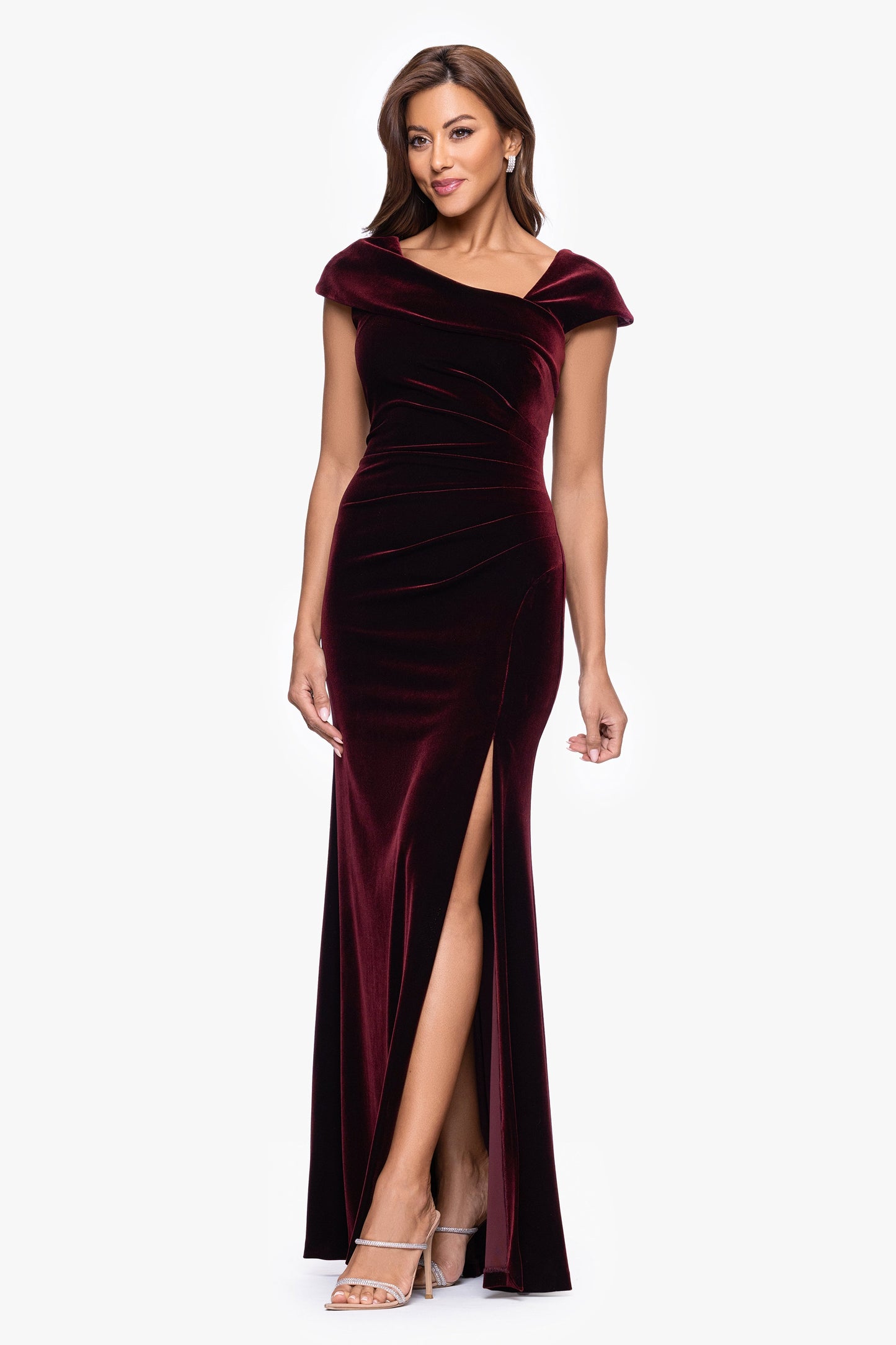 Petite "Katrina" Velvet Asymmetrical Neckline Cap Sleeve Dress Burgundy XSCAPE