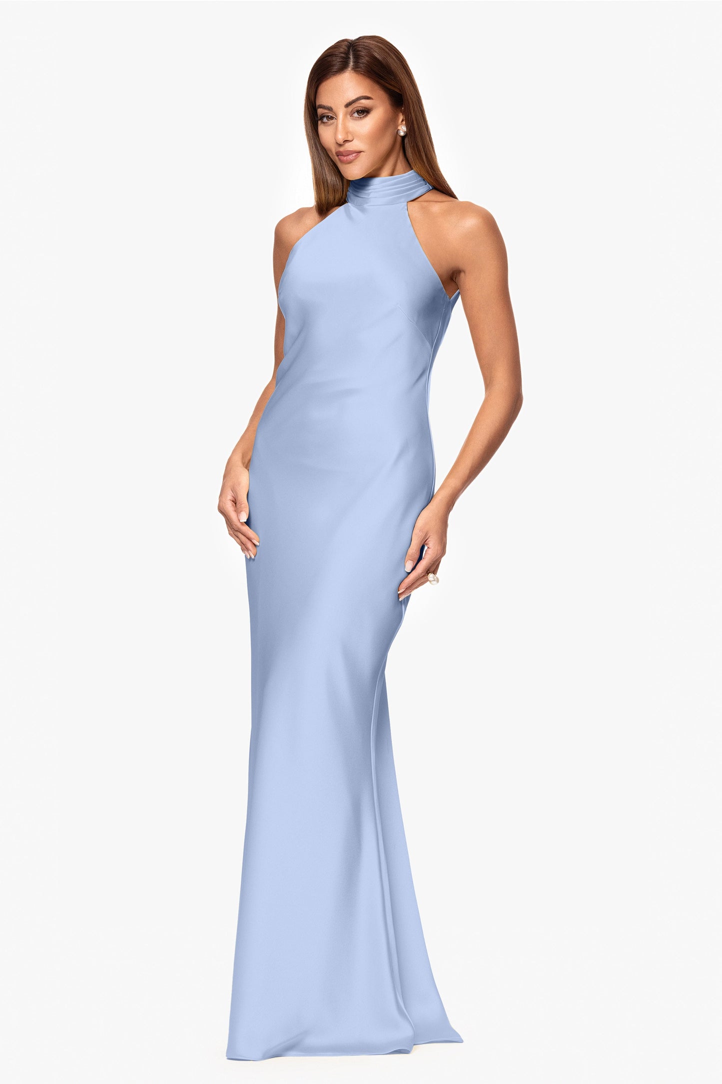 Petite "Ruth" Satin High Tie Neck Backless Dress Light Blue XSCAPE