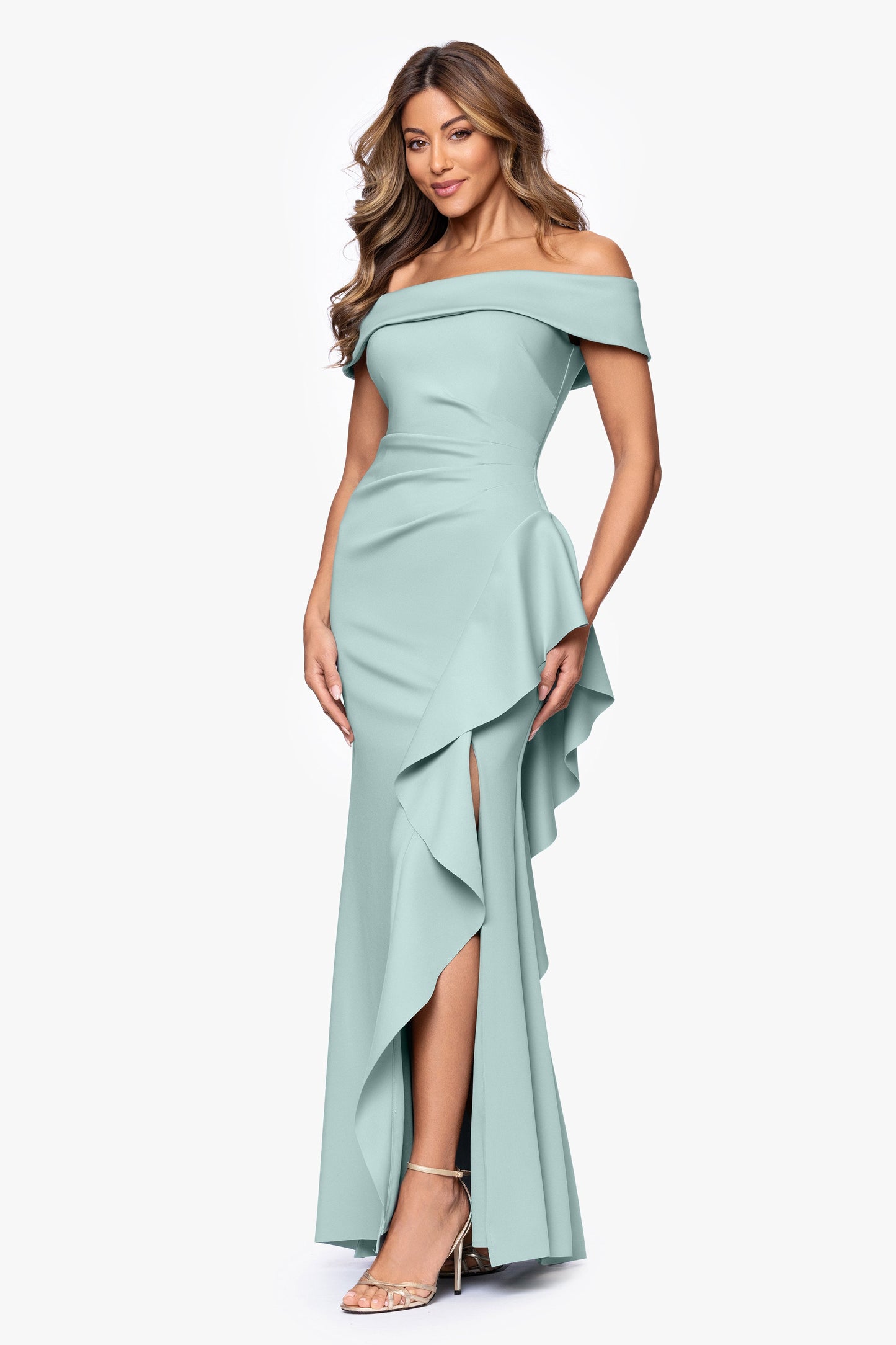 Petite "Dolly" Techno Scuba Off The Shoulder Ruffle Dress Sage XSCAPE