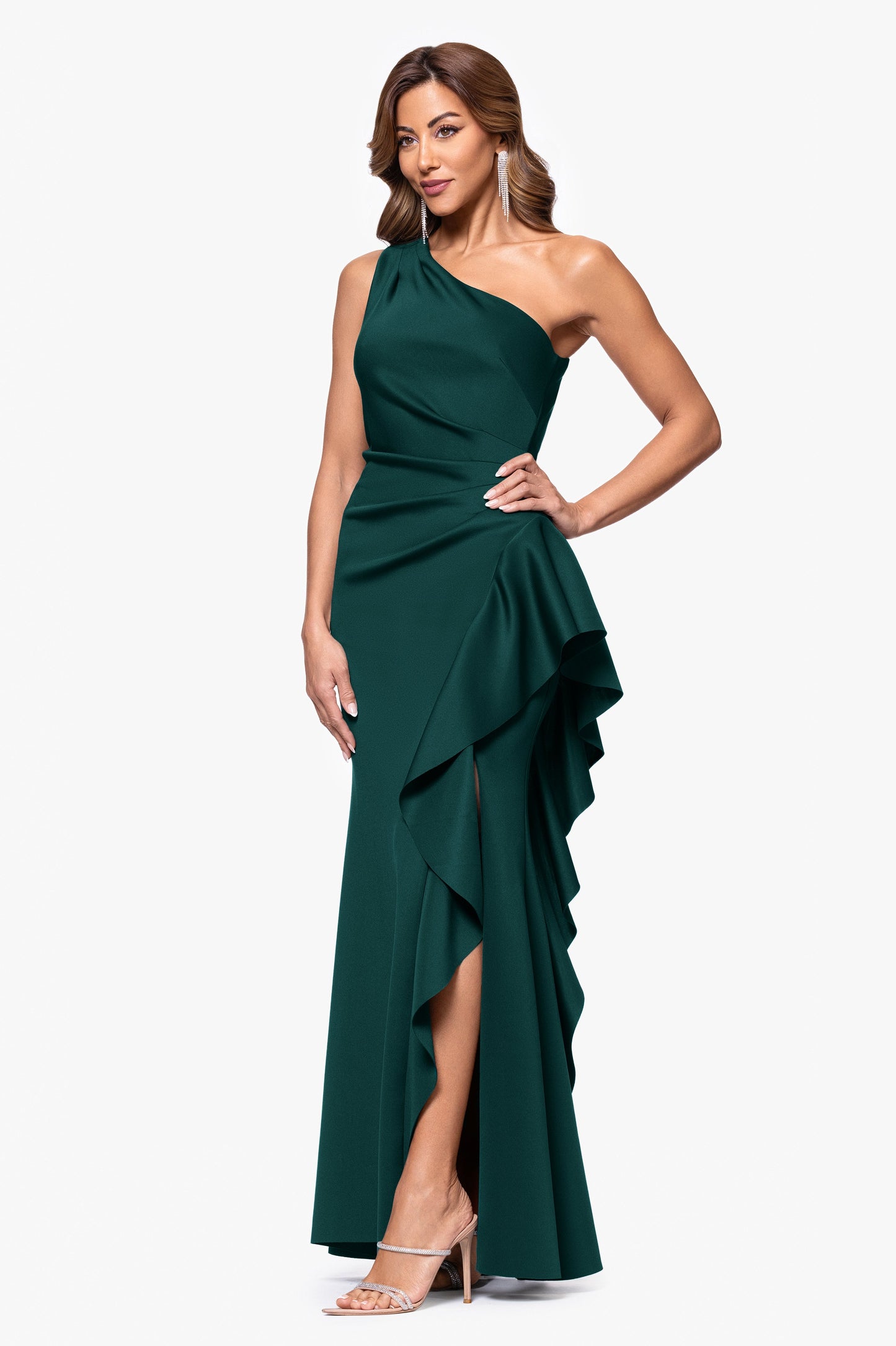 Petite "Flo" Techno Scuba One Shoulder Ruffle Dress Hunter XSCAPE