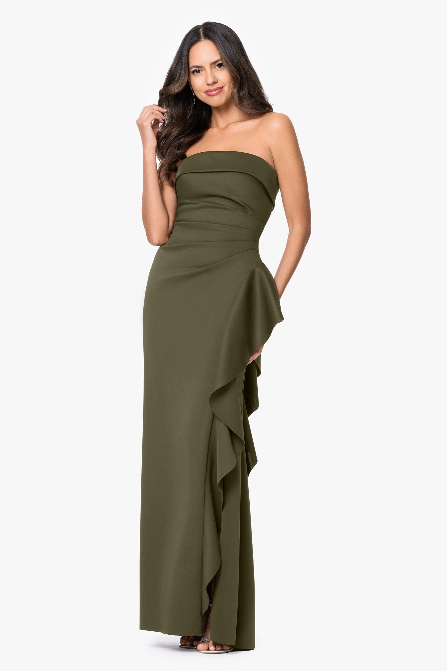 "Jacqueline" Techno Scuba Strapless Ruffle Dress Olive XSCAPE