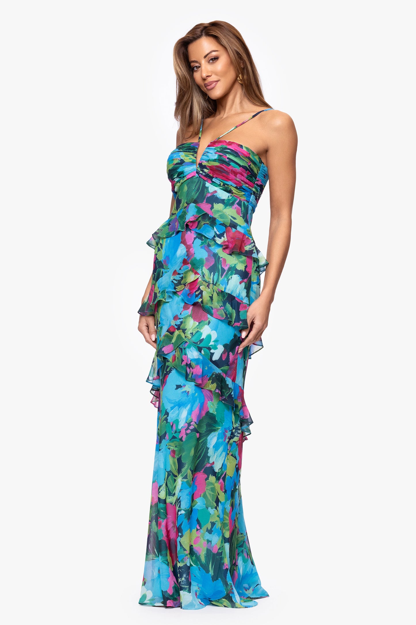 "Jayla" Print Chiffon Tiered Ruffle Dress Turquoise/Multi XSCAPE
