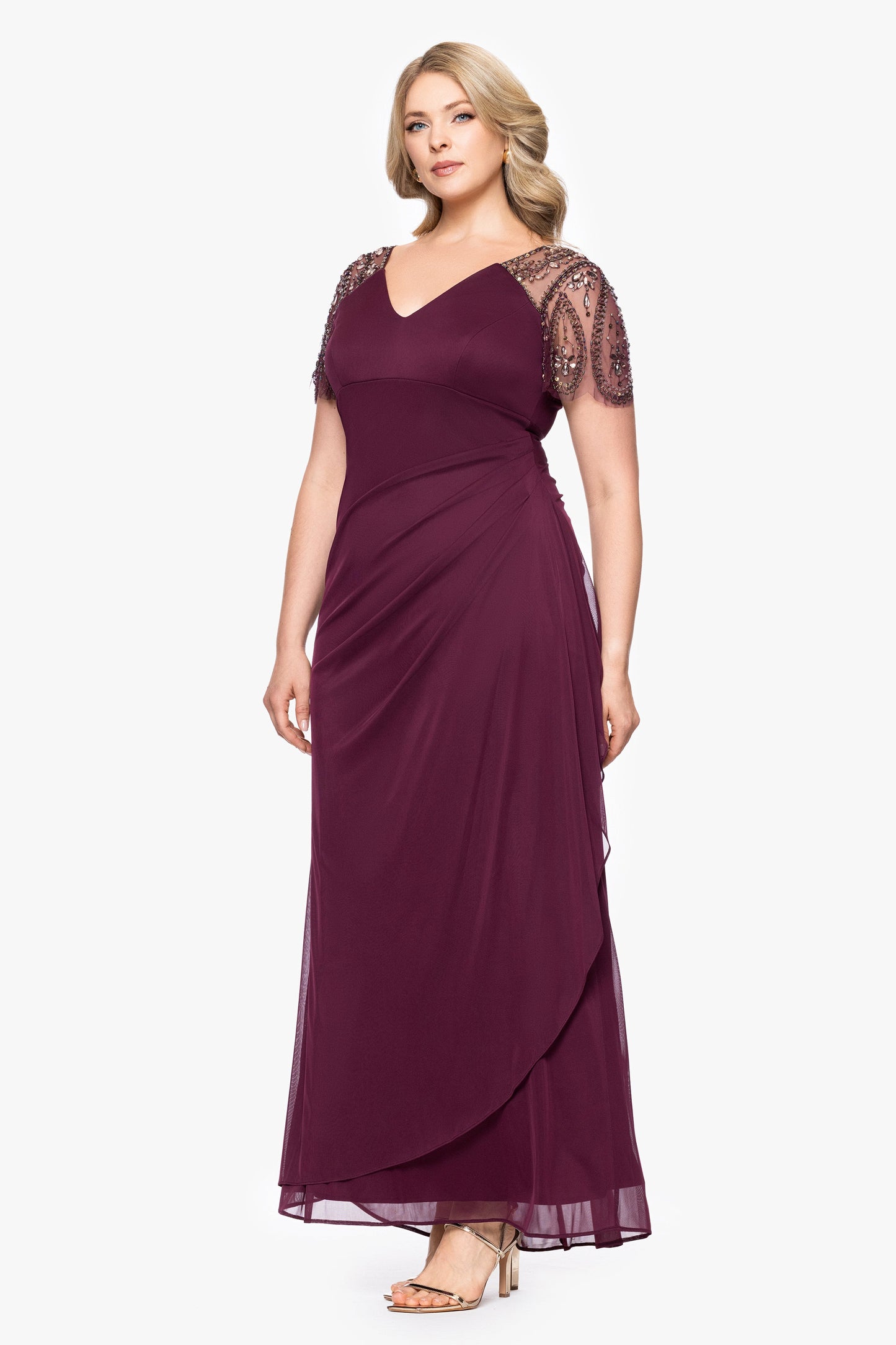 Plus "Lana" Sheer Matte Jersey Beaded Flutter Sleeve Dress Wine XSCAPE