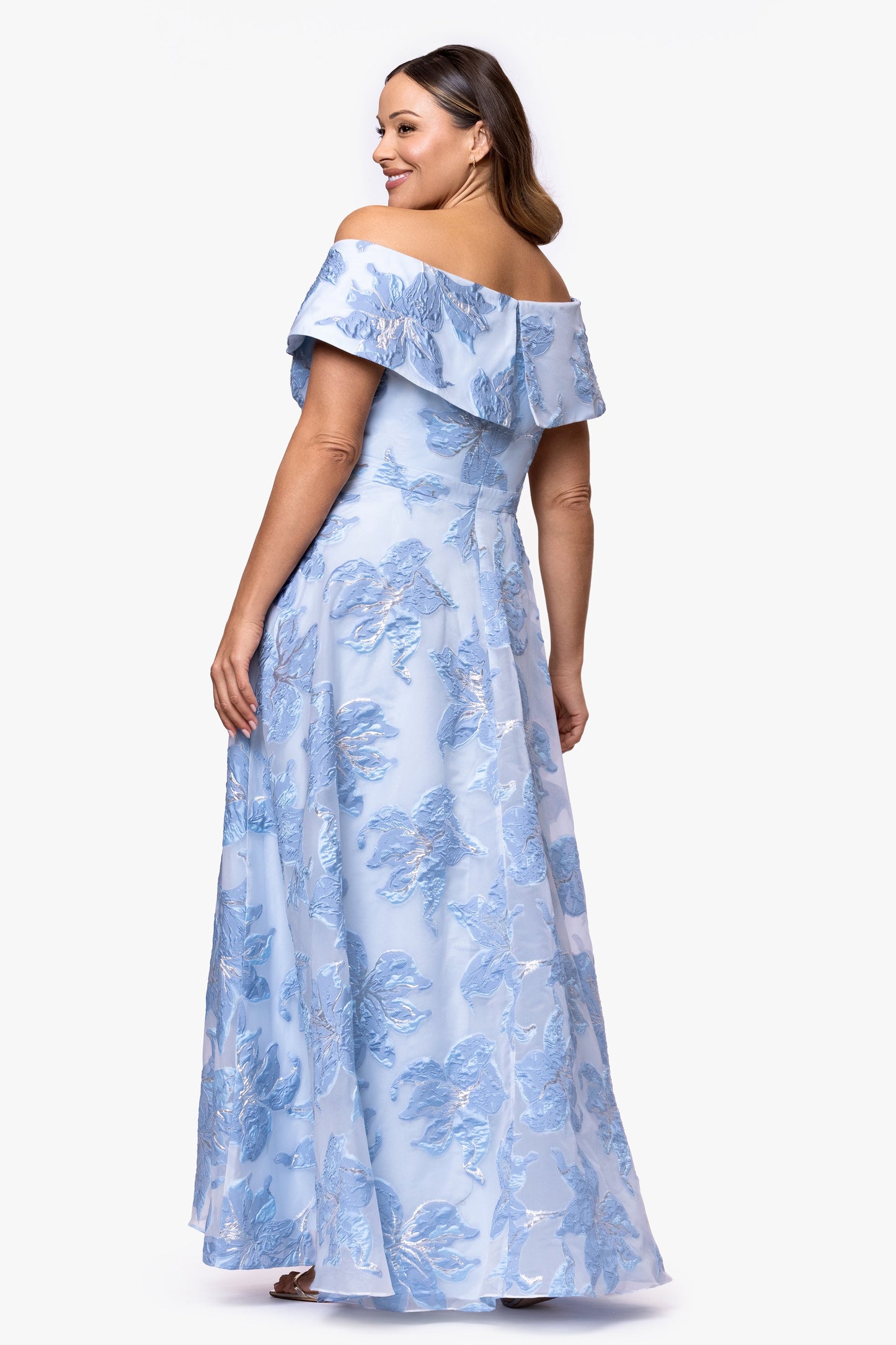 Plus "Alexi" Organza & Jacquard Off The Shoulder Dress Blue/Silver XSCAPE
