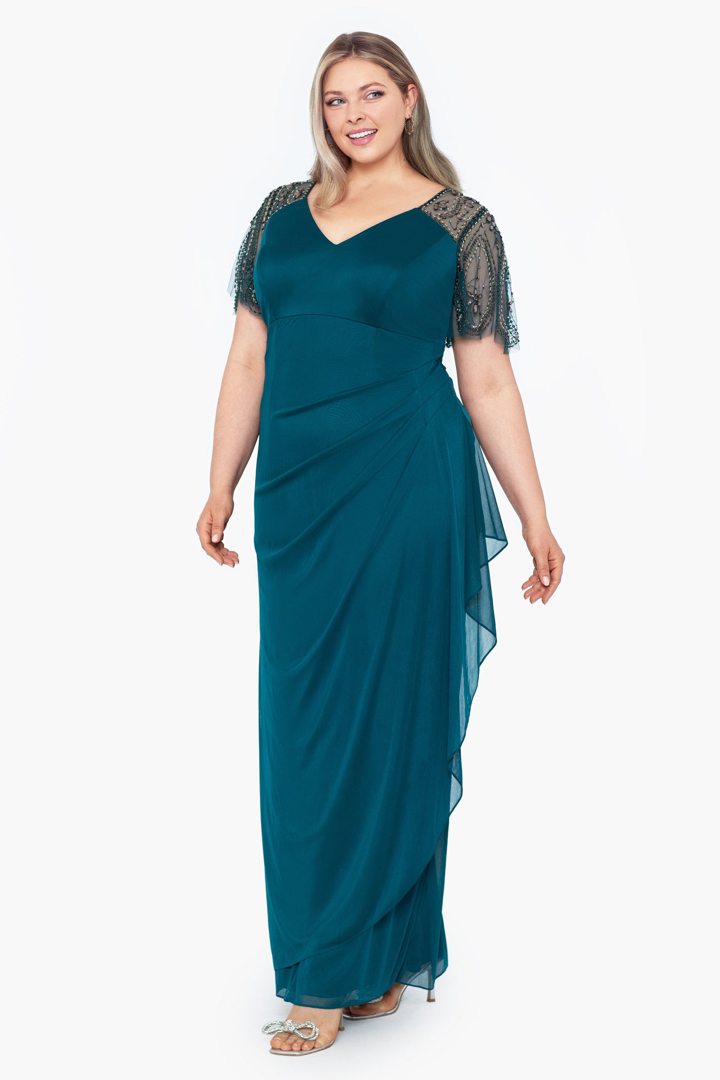Plus "Lana" Sheer Matte Jersey Beaded Flutter Sleeve Dress Emerald XSCAPE