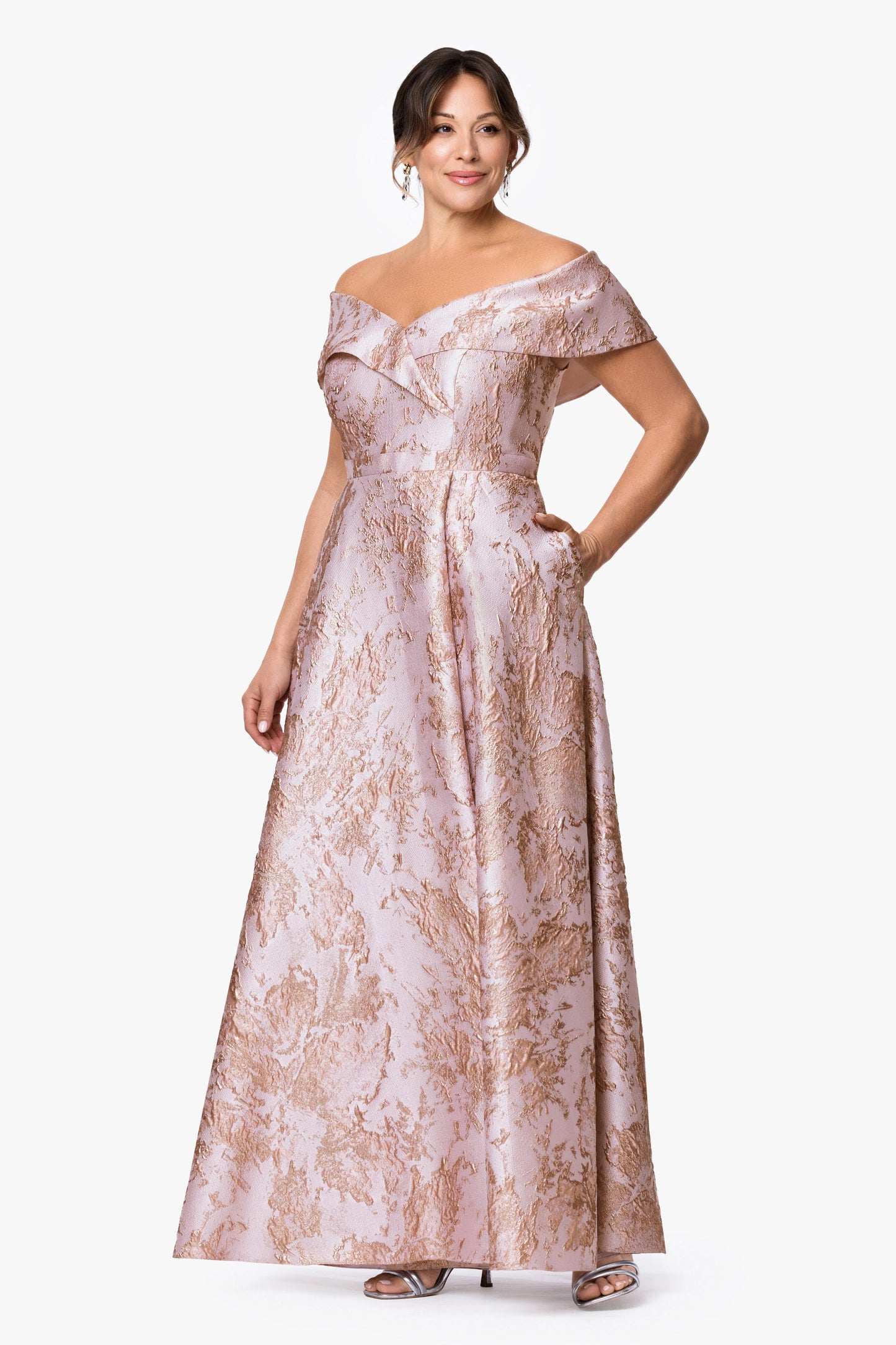 Plus "Daphne" Brocade Off Shoulder Dress Blush/Gold XSCAPE