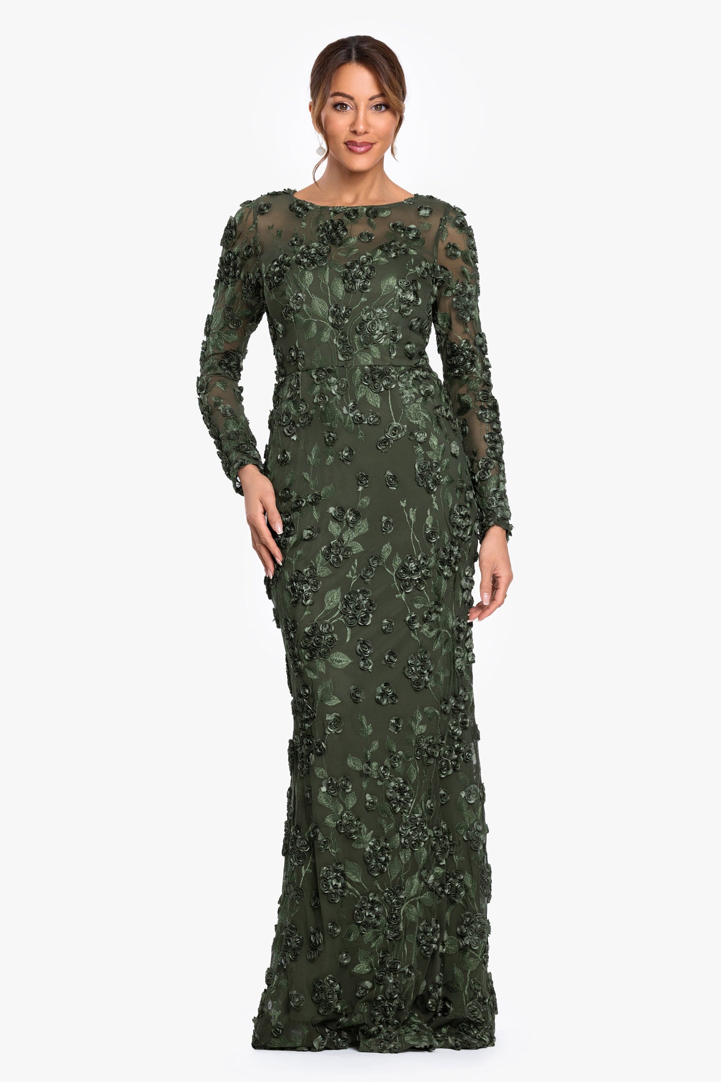 "Ruby" Raised Flowers Long Sleeve Dress Olive XSCAPE