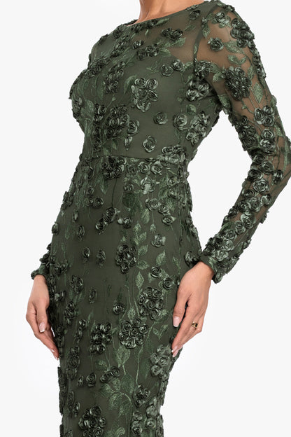 "Ruby" Raised Flowers Long Sleeve Dress Olive XSCAPE
