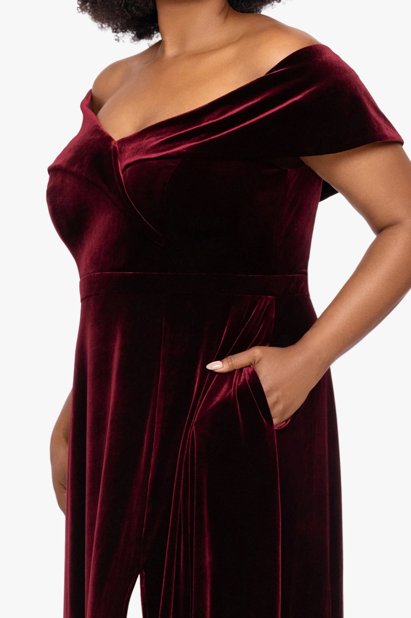 "Candace" Velvet Off Shoulder Gown Burgundy XSCAPE