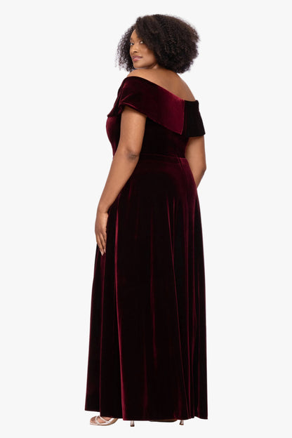 "Candace" Velvet Off Shoulder Gown Burgundy XSCAPE