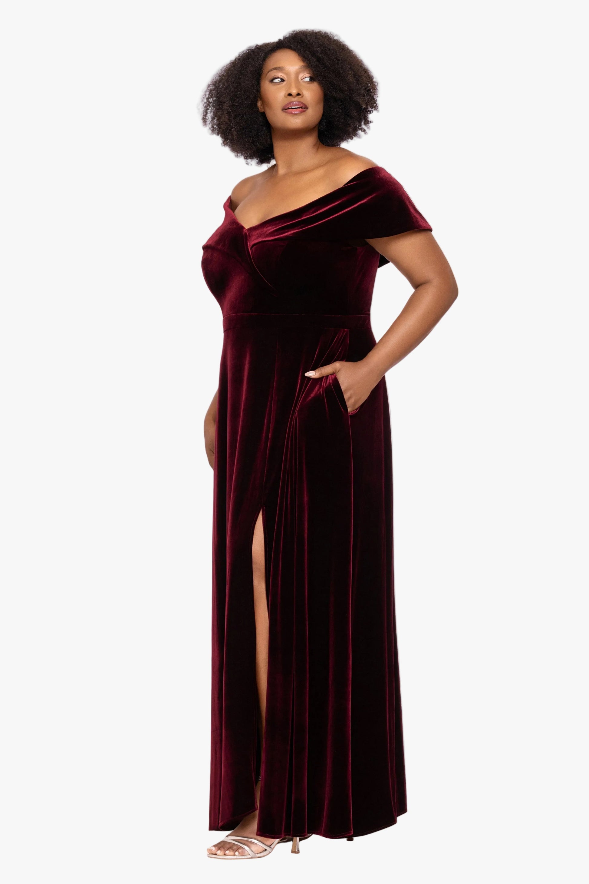"Candace" Velvet Off Shoulder Gown Burgundy XSCAPE