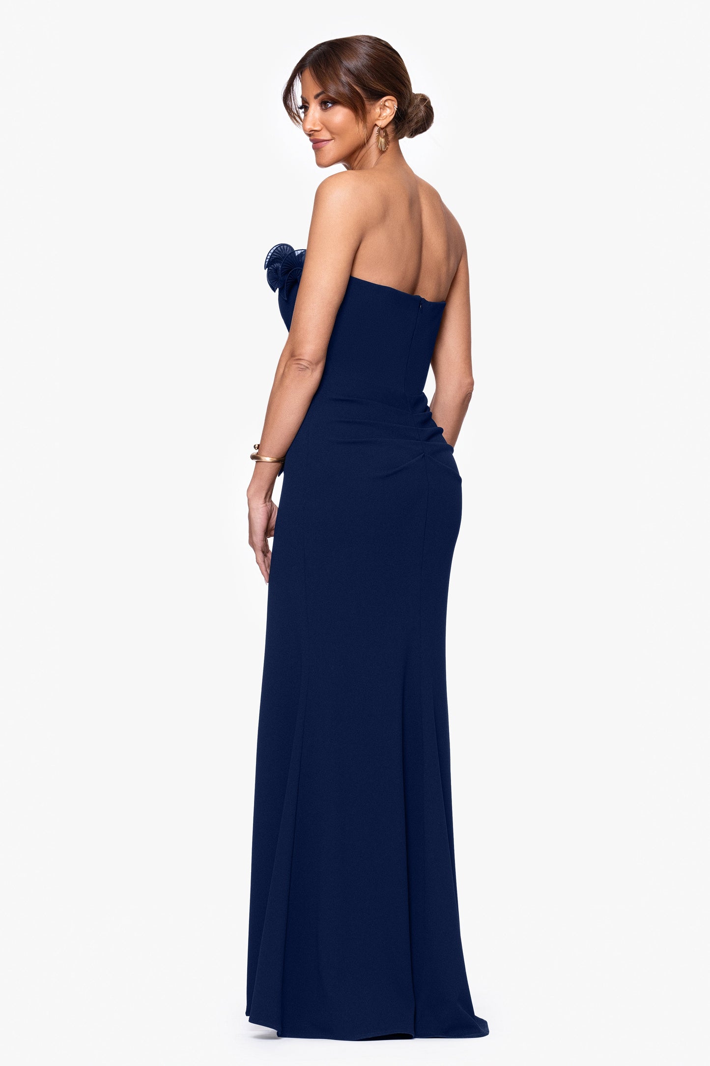 "Kimberly" Scuba Crepe Chiffon Ruffle Strapless Dress Navy XSCAPE