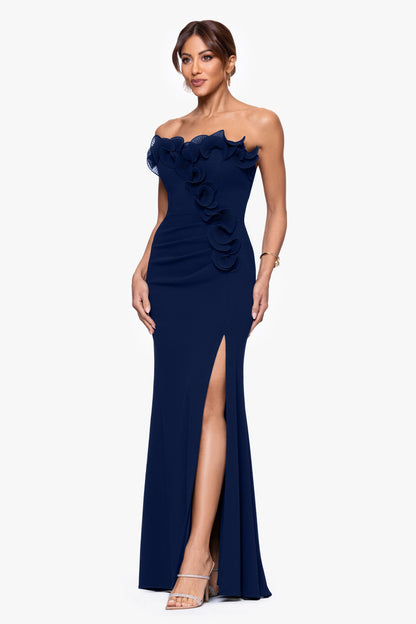 "Kimberly" Scuba Crepe Chiffon Ruffle Strapless Dress Navy XSCAPE