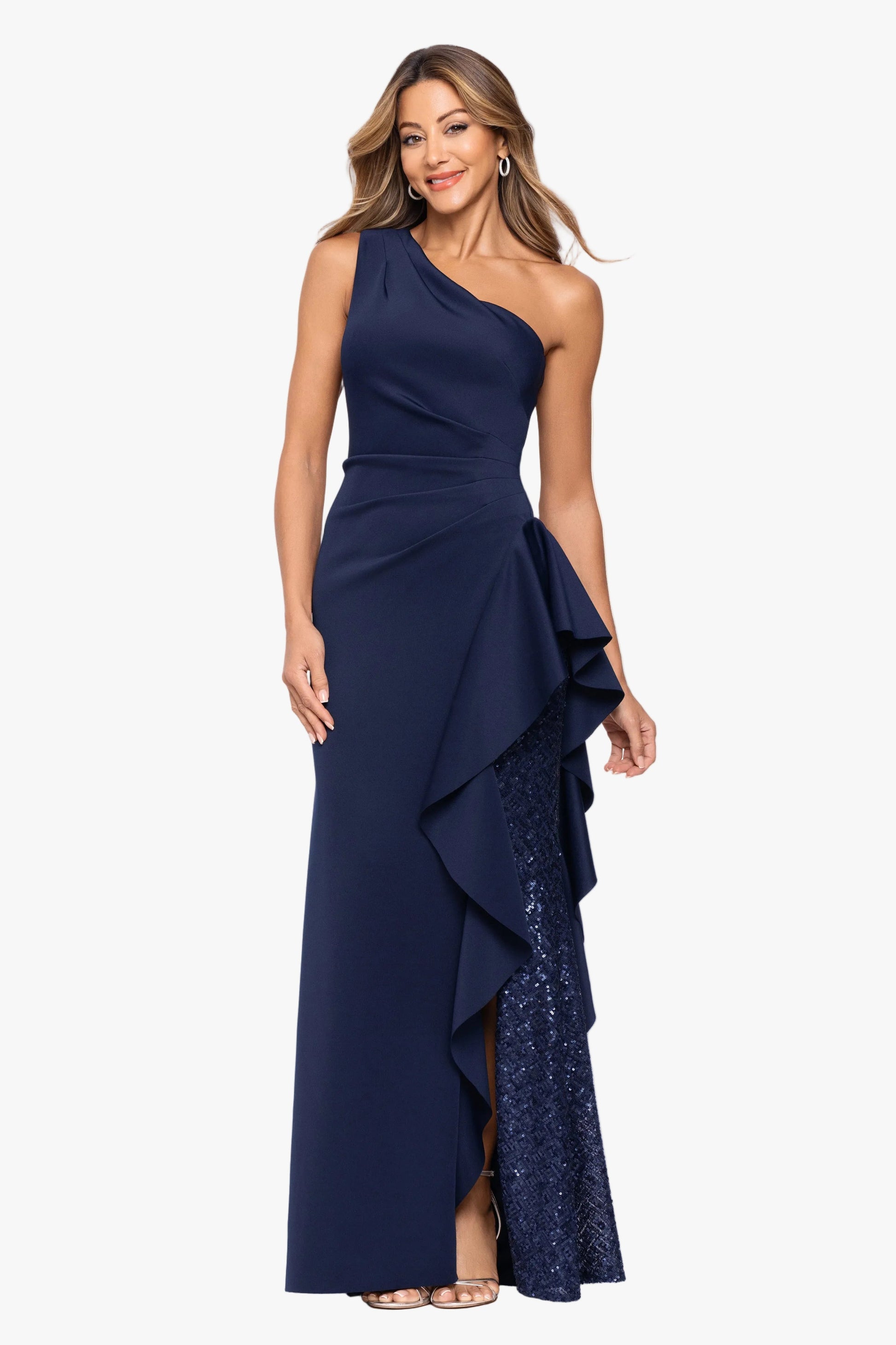"Harley" Techno Scuba One Shoulder Ruffle Dress Midnight XSCAPE