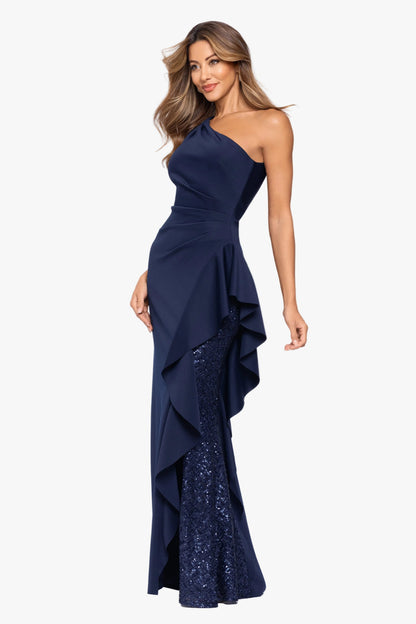 "Harley" Techno Scuba One Shoulder Ruffle Dress Midnight XSCAPE