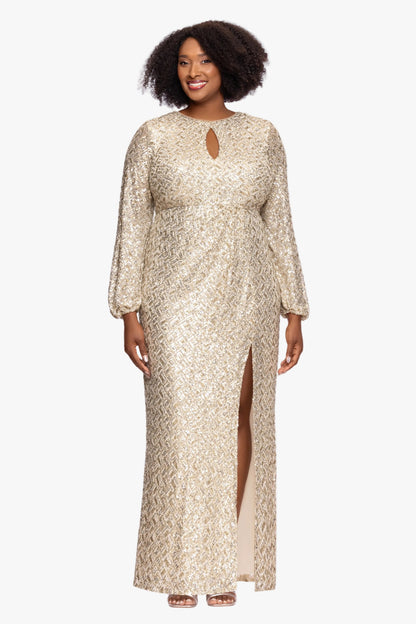 Plus "Alessia" Sequin Long Sleeve Keyhole Dress Gold/Silver XSCAPE