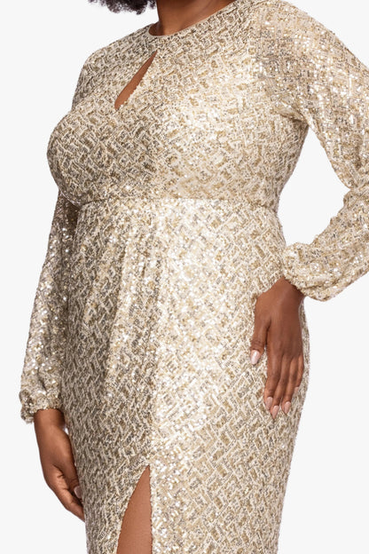 Plus "Alessia" Sequin Long Sleeve Keyhole Dress Gold/Silver XSCAPE