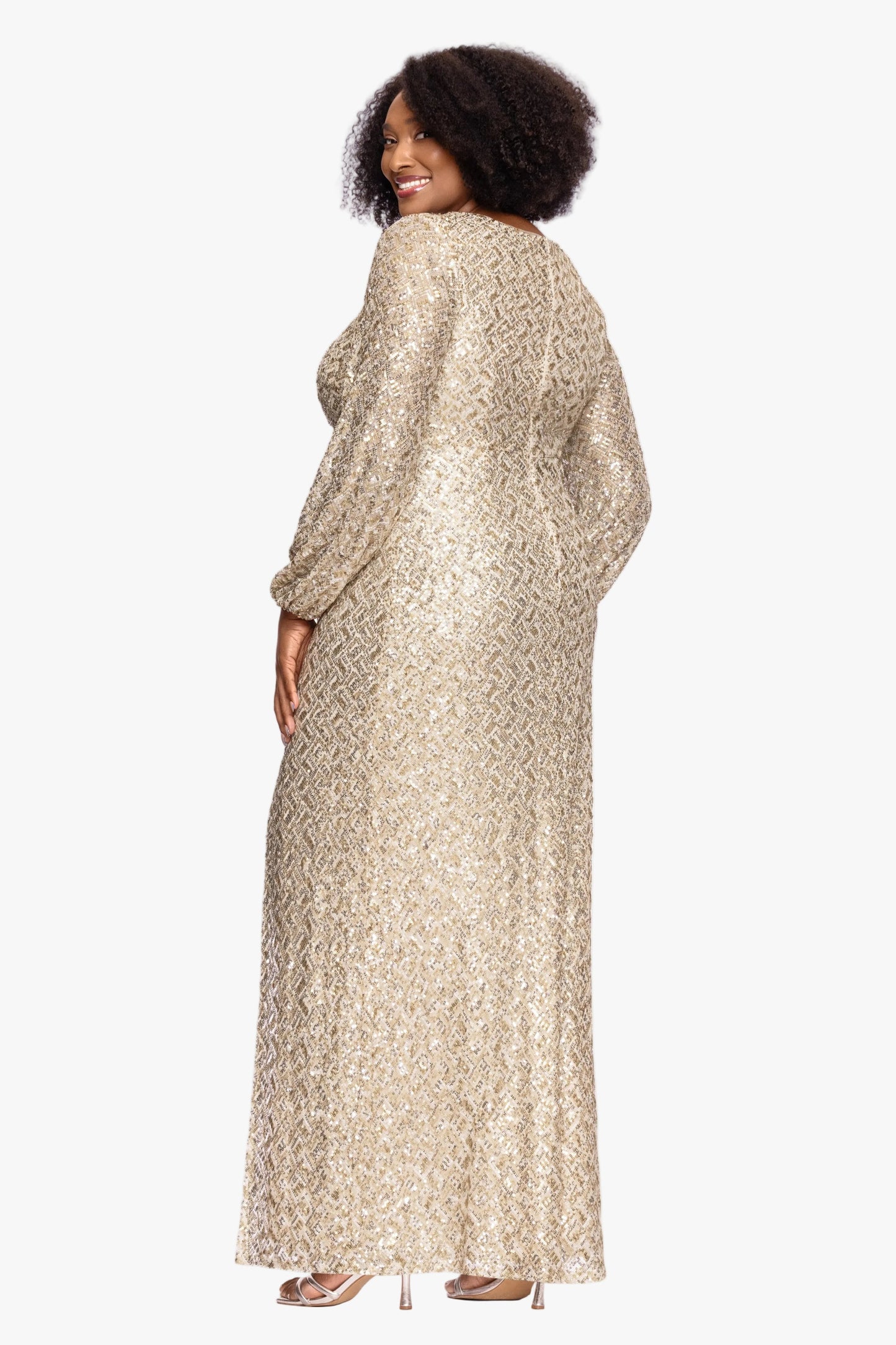 Plus "Alessia" Sequin Long Sleeve Keyhole Dress Gold/Silver XSCAPE