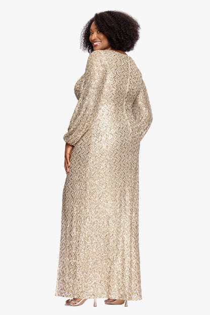 Plus "Alessia" Sequin Long Sleeve Keyhole Dress Gold/Silver XSCAPE