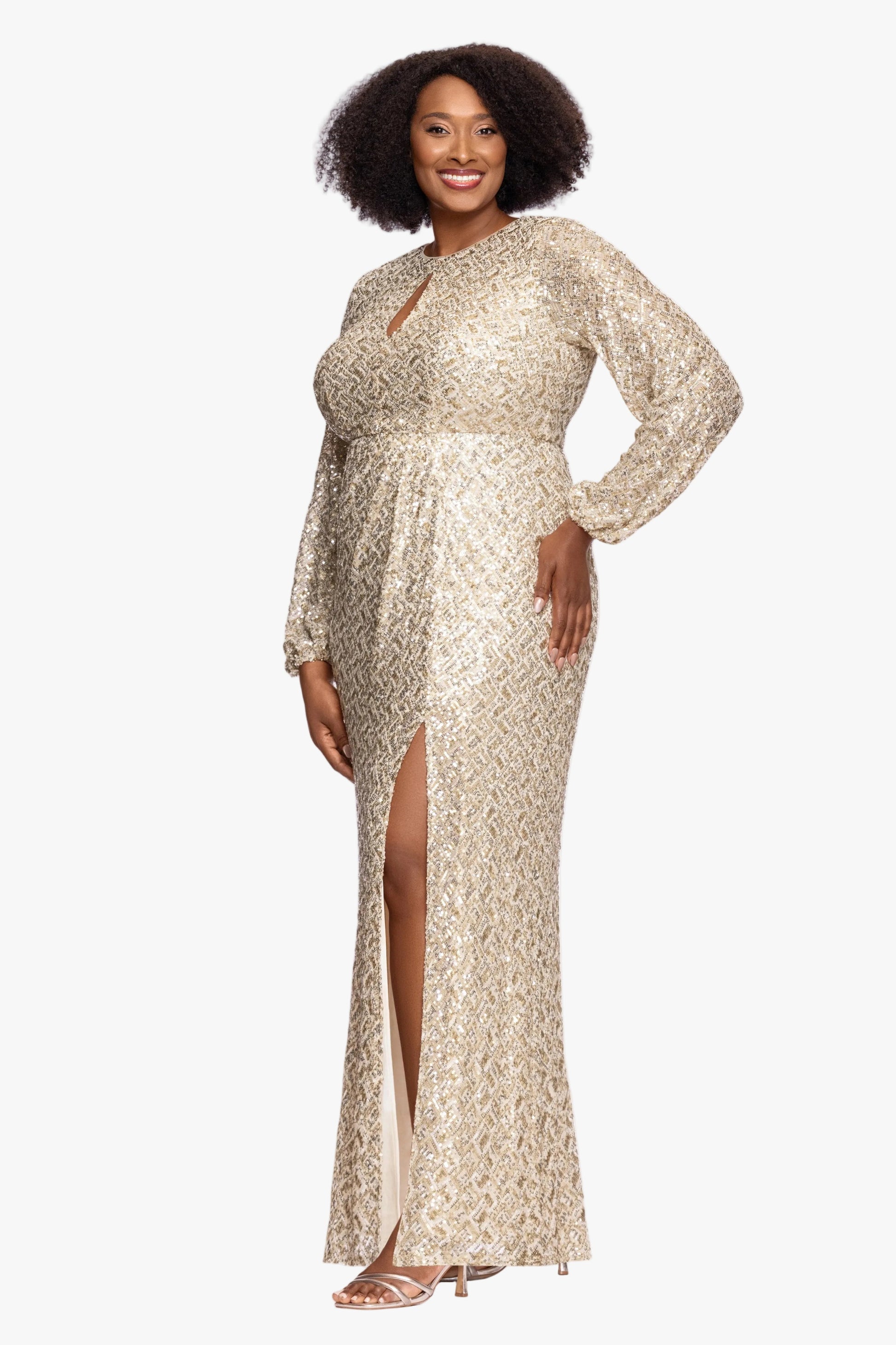 Plus "Alessia" Sequin Long Sleeve Keyhole Dress Gold/Silver XSCAPE
