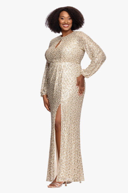 Plus "Alessia" Sequin Long Sleeve Keyhole Dress Gold/Silver XSCAPE