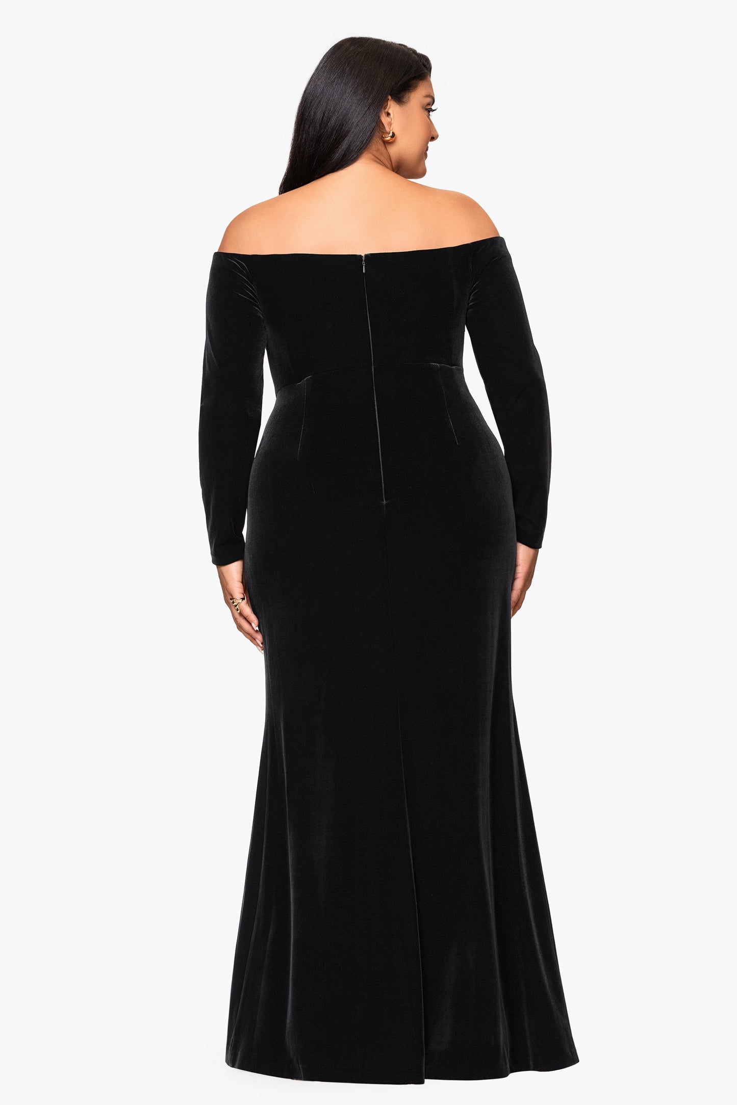 Plus "Danni" Velvet Off The Shoulder Long Sleeve Dress | Xscape Evening Black XSCAPE