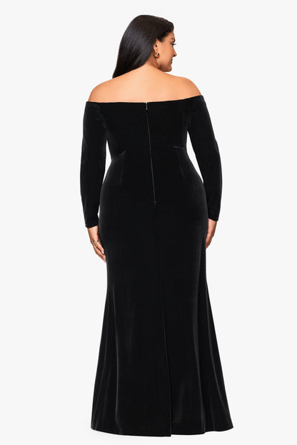 Plus "Danni" Velvet Off The Shoulder Long Sleeve Dress | Xscape Evening Black XSCAPE