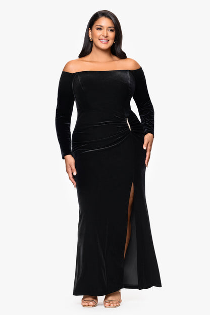 Plus "Danni" Velvet Off The Shoulder Long Sleeve Dress | Xscape Evening Black XSCAPE