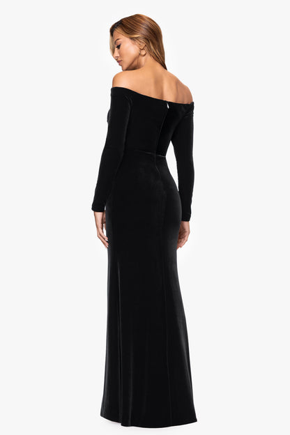 Petite "Danni" Velvet Off The Shoulder Long Sleeve Dress Black XSCAPE