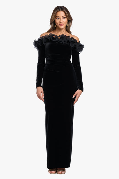 "Brennan" Velvet Long Sleeve Off Shoulder Ruffle Dress Black XSCAPE